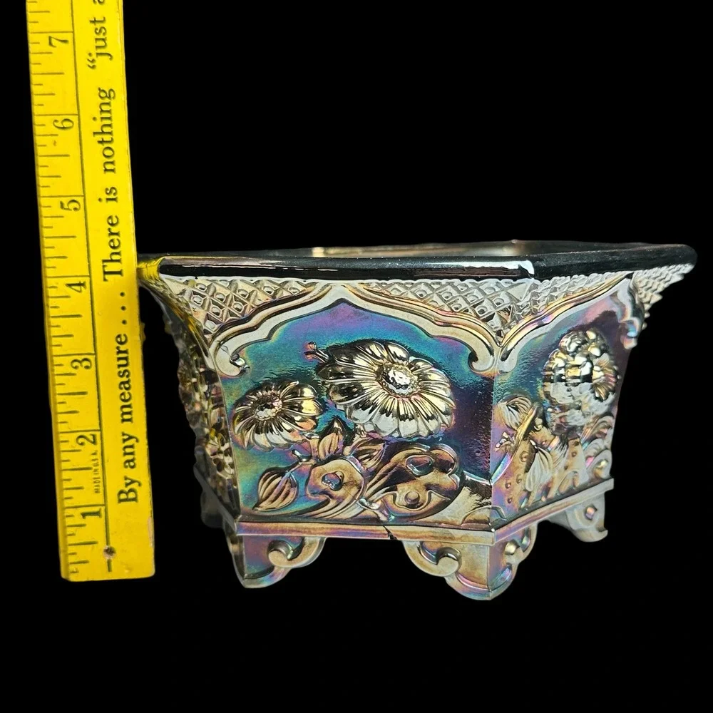 Fenton Carnival Glass Planter Hexagon Silver Iridescent Floral Bowl 7.5in Repair